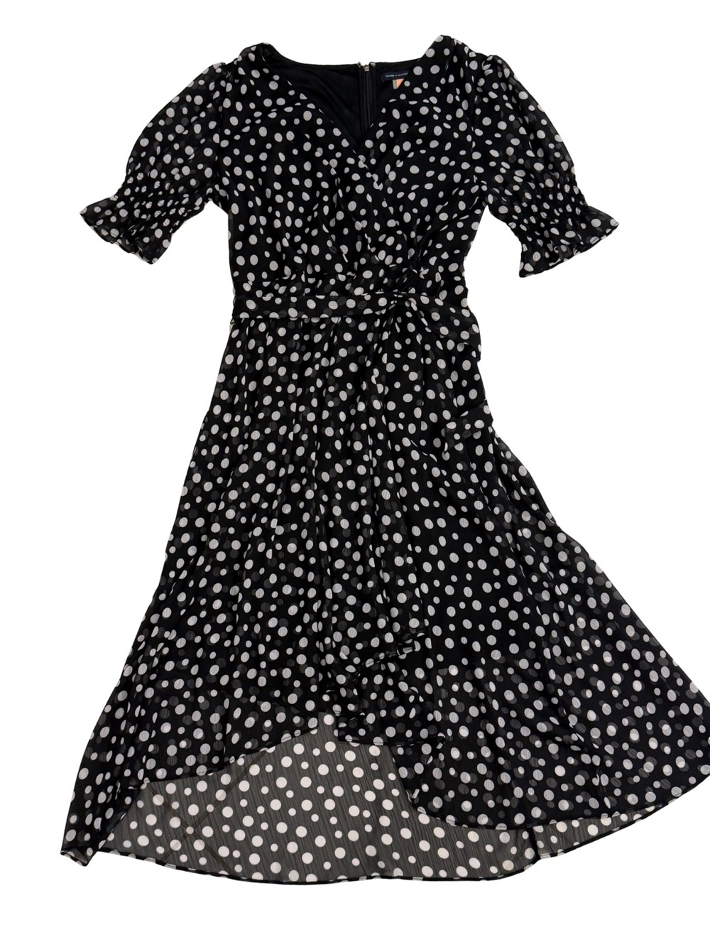 Tommy Hilfiger Black & White Polka-Dot High-Low Faux Wrap Dress | Size 8